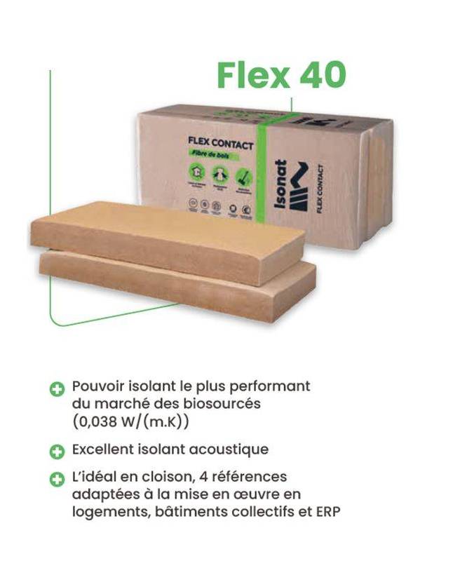▷ Laine de bois 40mm ISONAT FLEX40 40*600*1200 au meilleur prix - Isonat  Flex 040